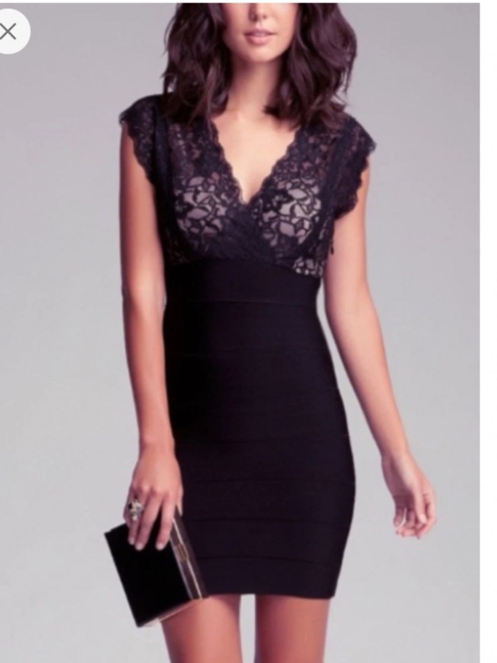 NWT Bebe beige black lace double v neck bandage top dress XL X L